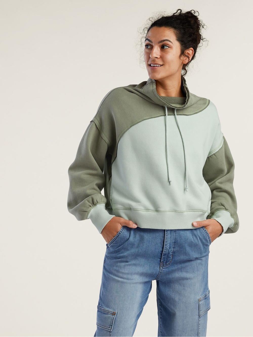 Free People Movement Homestretch Mock Neck Hooded Pullover Sweatshirt Sage Combo